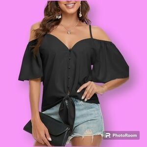 Women's Black V-Neck Cold Shoulder Button Front Spaghetti Strap Blouse Size L